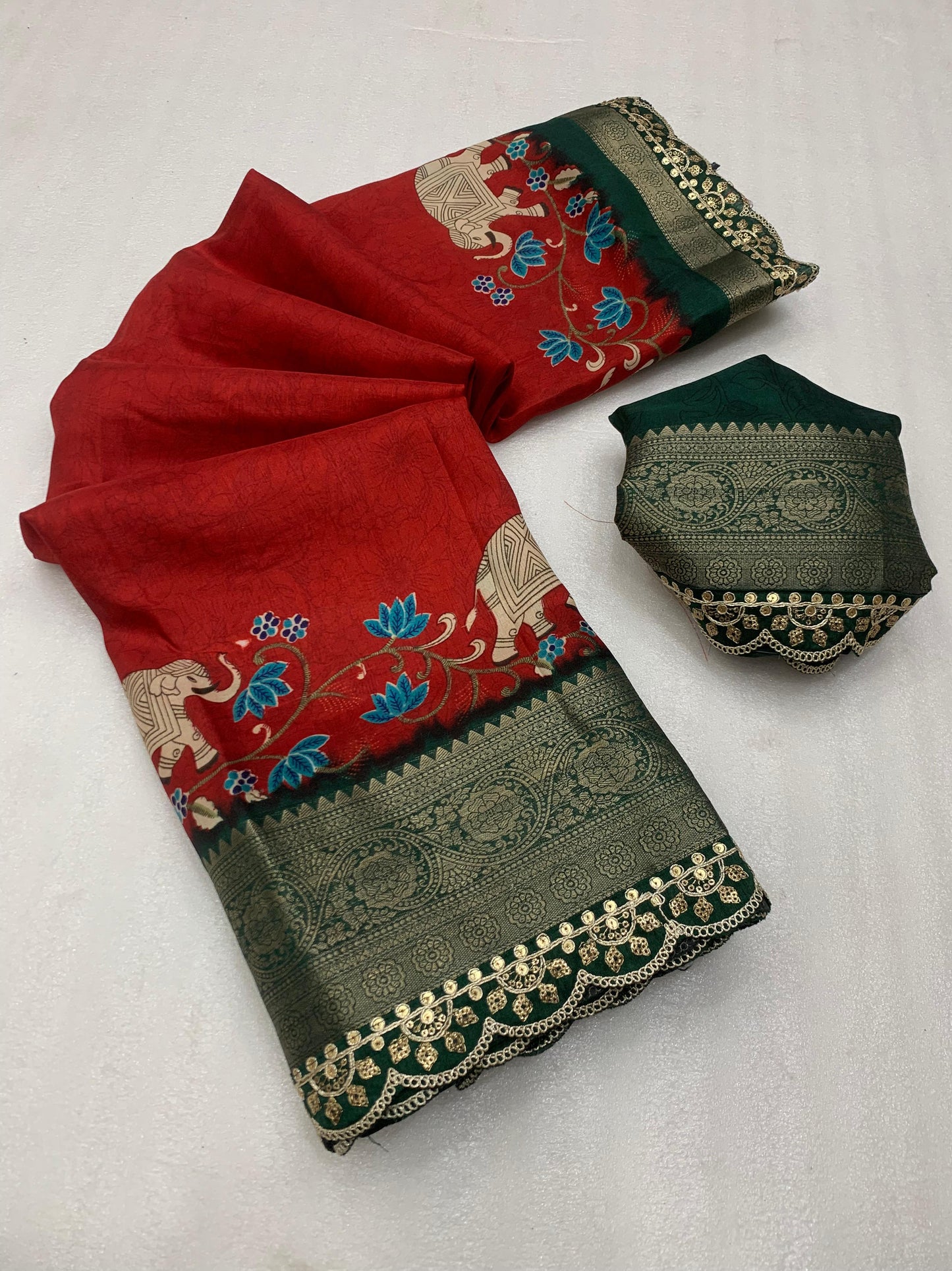 Beautiful Benny crape saree with all over kalamkari design along with scallop maggam work lace at border - Swaraas