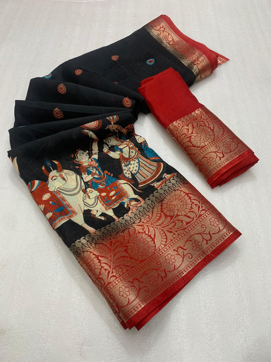 Soft Heavy Dolla Silk Fabric With Mill Print And Beautiful Jaquard Weaving Border And Contrast Printed Blouse - Swaraas