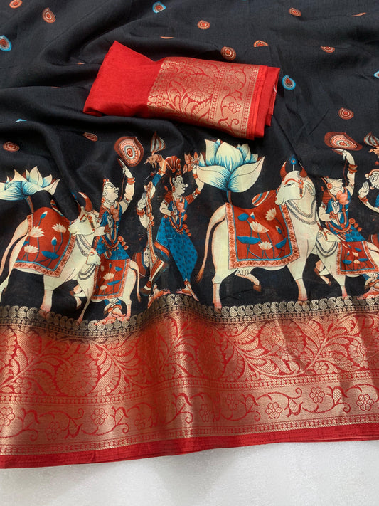 Soft Heavy Dolla Silk Fabric With Mill Print And Beautiful Jaquard Weaving Border And Contrast Printed Blouse - Swaraas