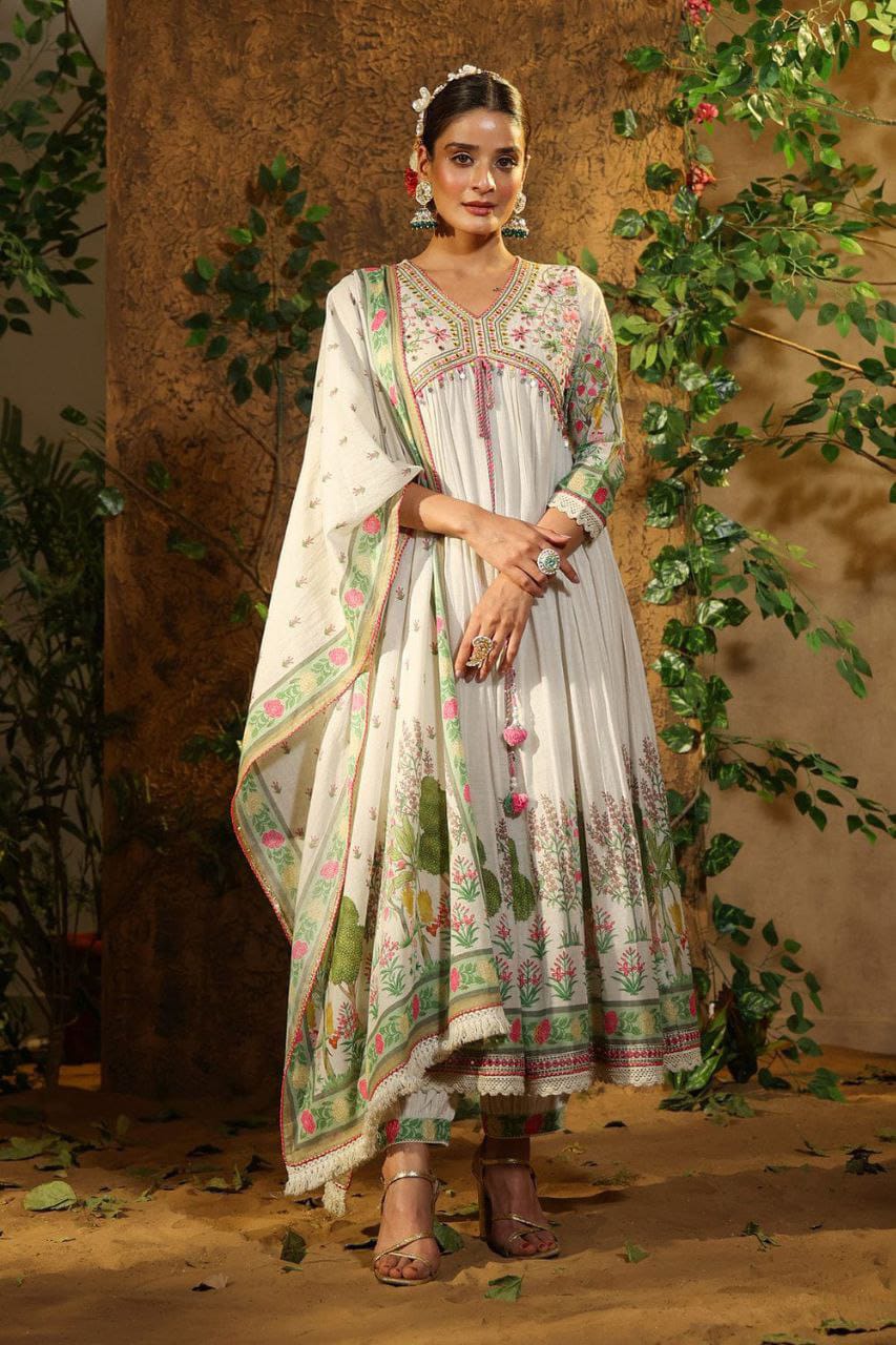 Featuring beautiful MUSLIN ALIA CUT Suit Set which is beautifully decorated with intricate hand embroidery, Zari weaving and prints. It is paired with matching pants and lace dupatta | White - Swaraas