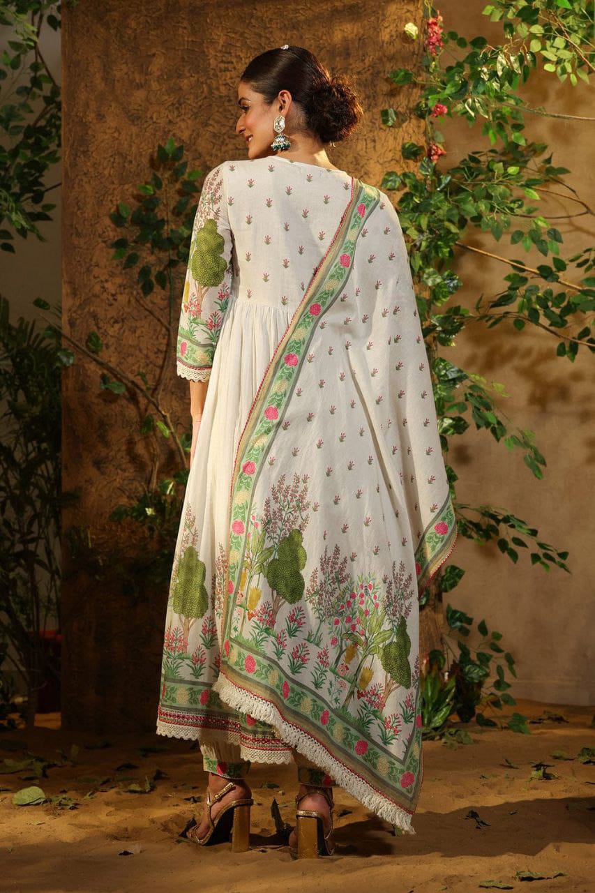 Featuring beautiful MUSLIN ALIA CUT Suit Set which is beautifully decorated with intricate hand embroidery, Zari weaving and prints. It is paired with matching pants and lace dupatta | White - Swaraas