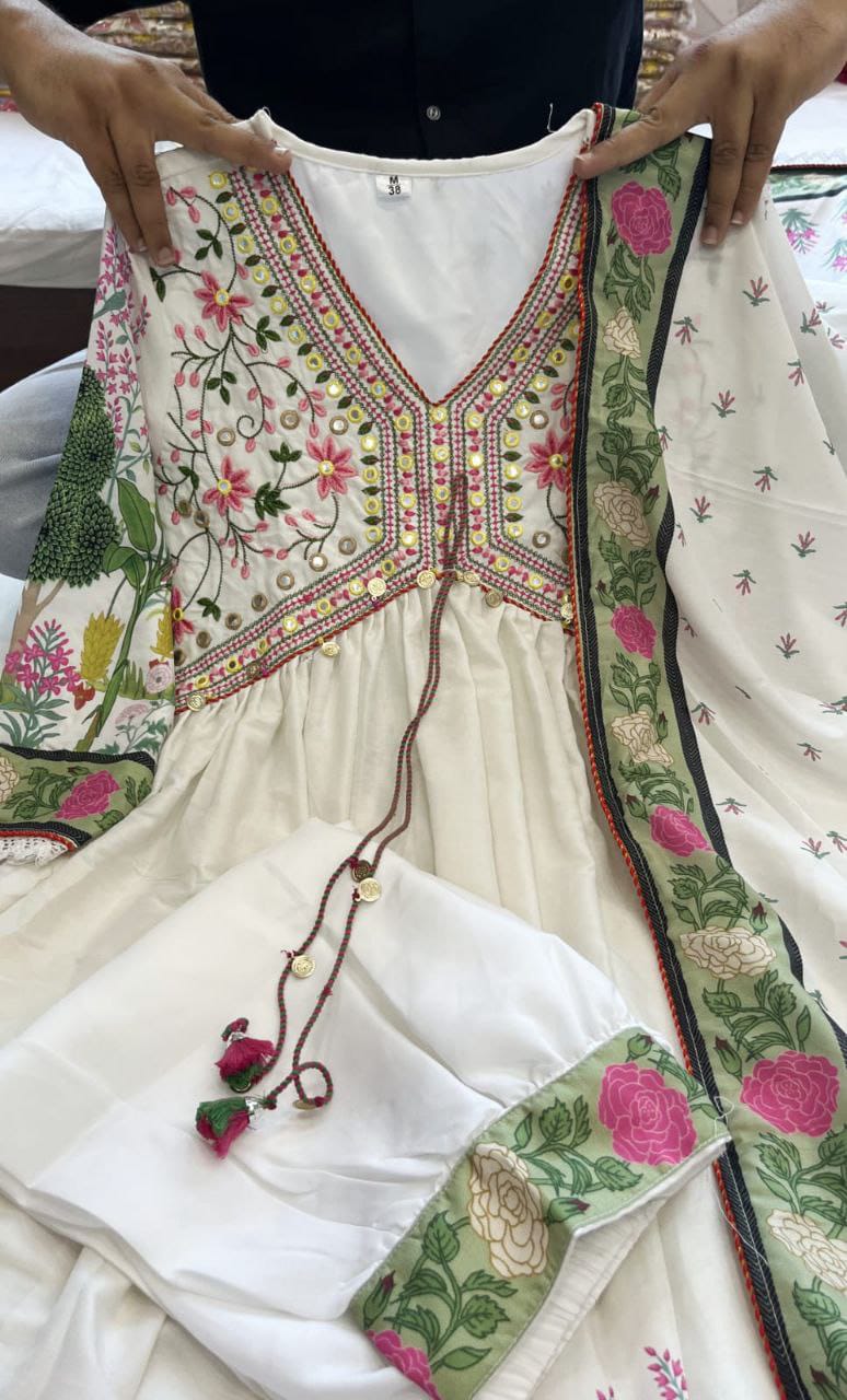 Featuring beautiful MUSLIN ALIA CUT Suit Set which is beautifully decorated with intricate hand embroidery, Zari weaving and prints. It is paired with matching pants and lace dupatta | White - Swaraas