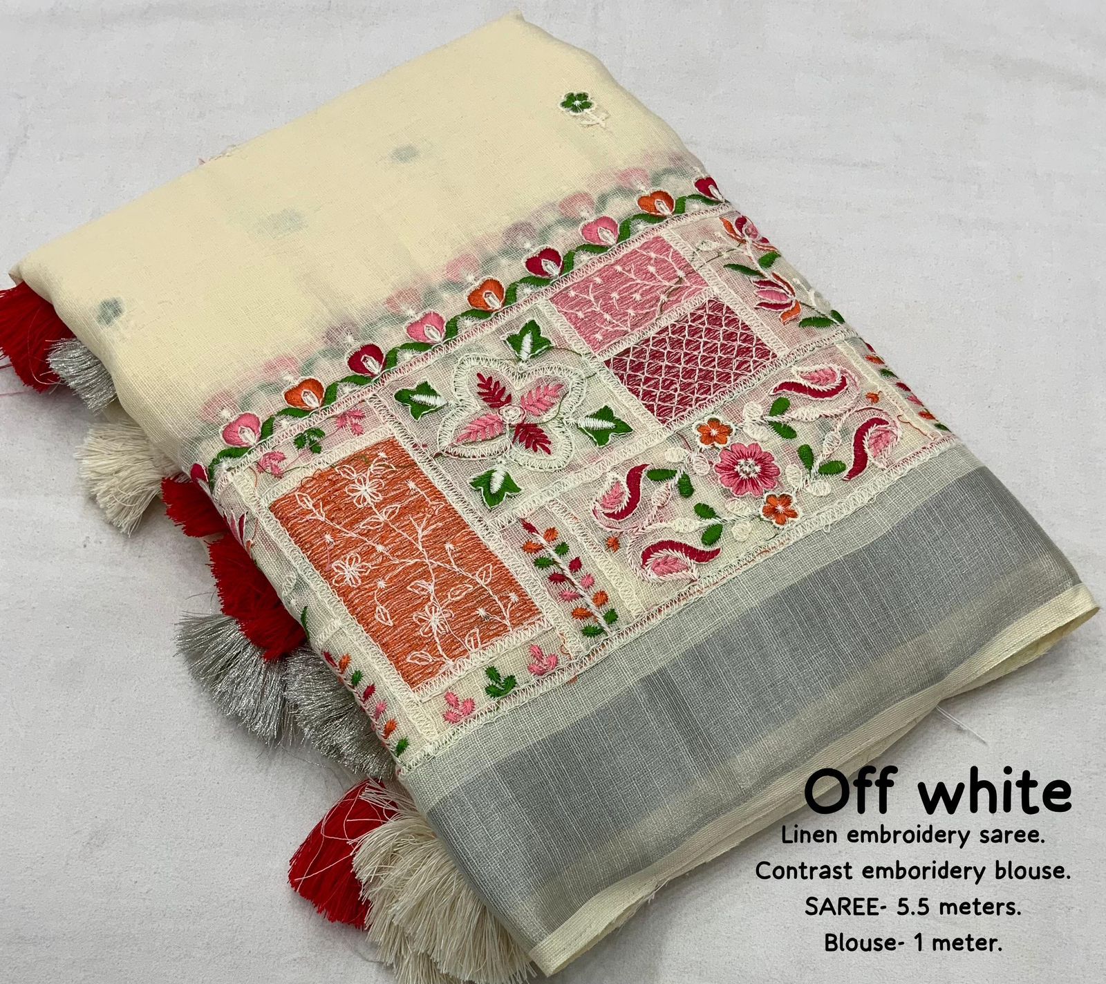 soft linen saree with silver woven pattu border - Swaraas