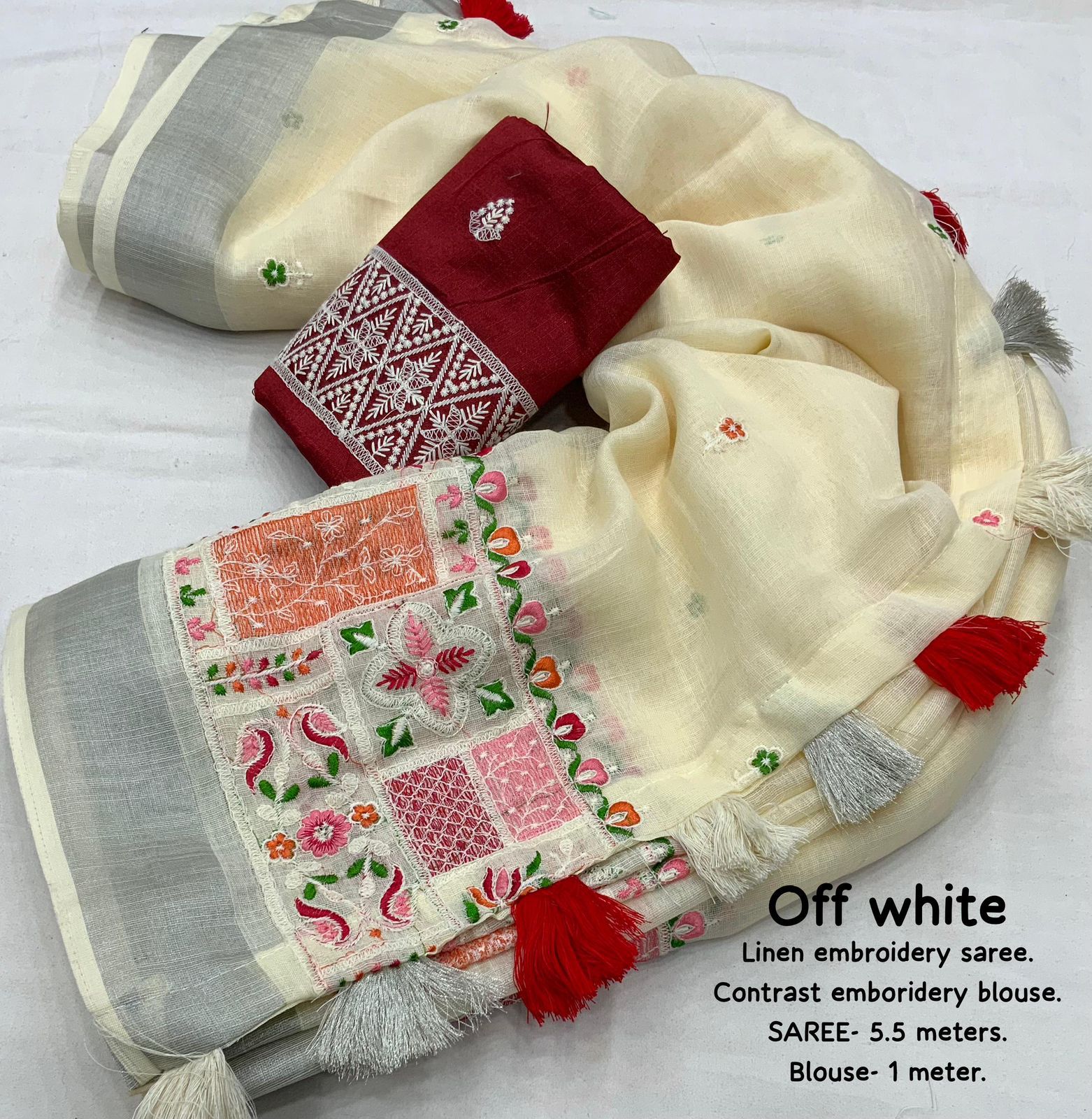 soft linen saree with silver woven pattu border - Swaraas