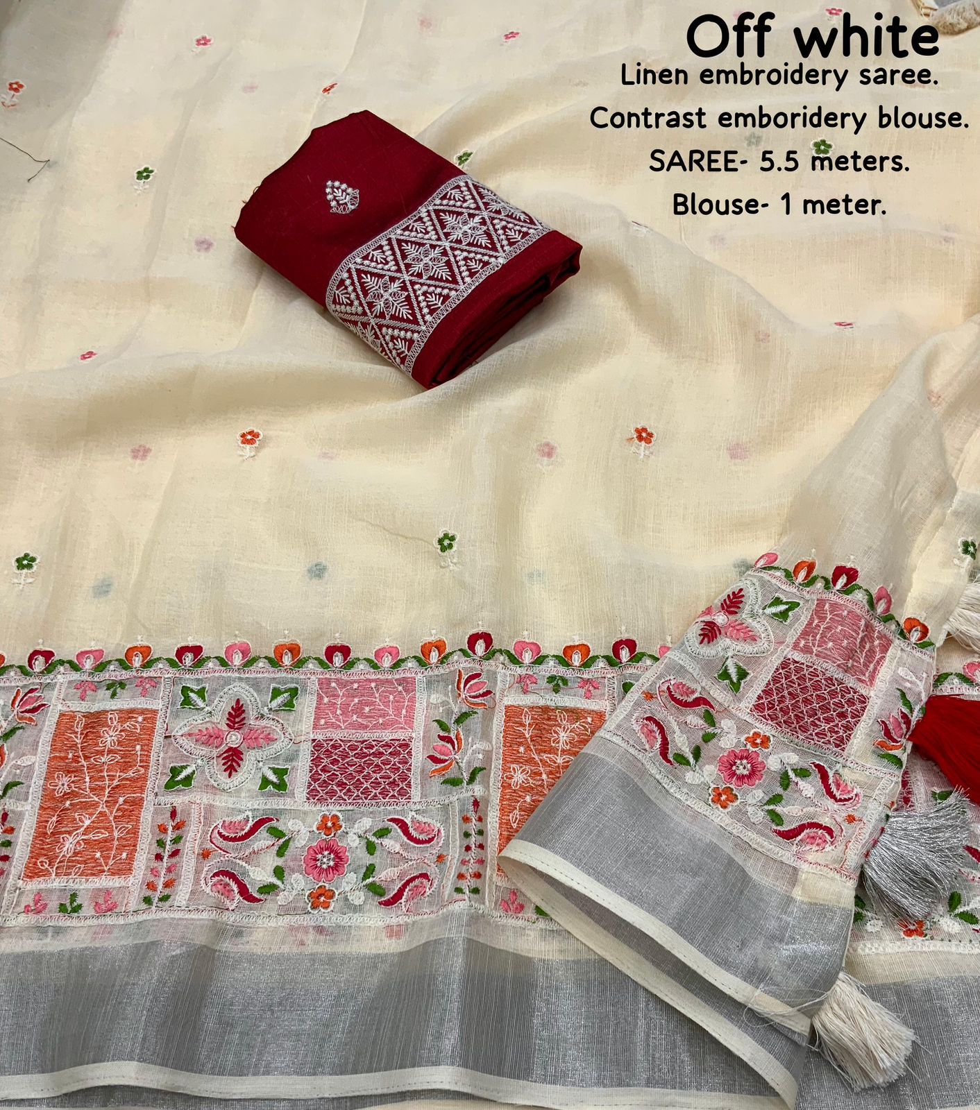 soft linen saree with silver woven pattu border - Swaraas