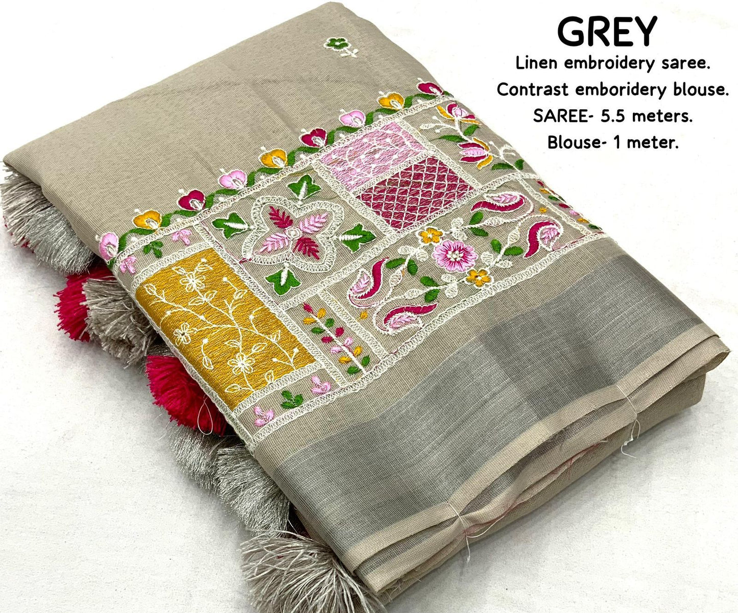 soft linen saree with silver woven pattu border - Swaraas