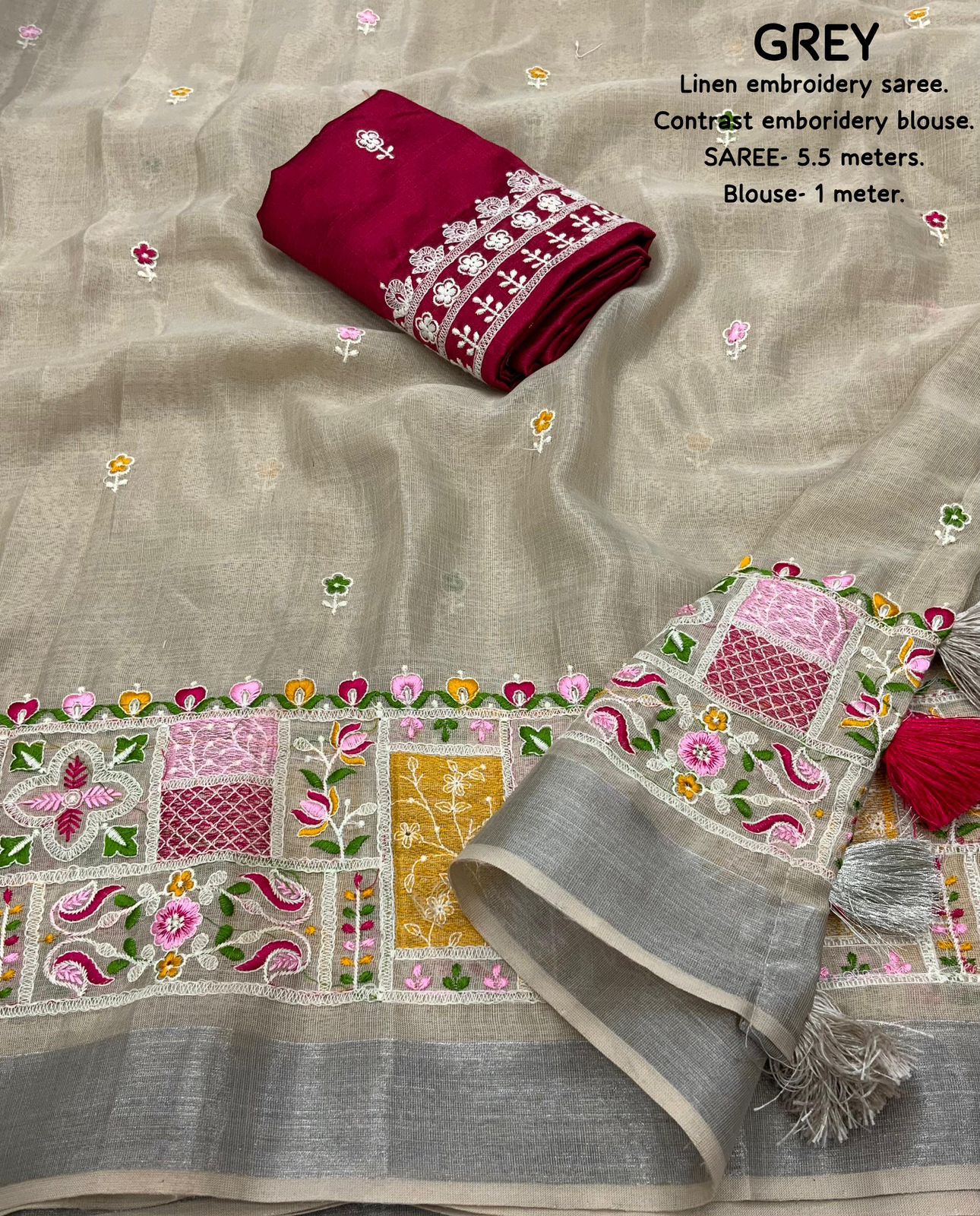 soft linen saree with silver woven pattu border - Swaraas