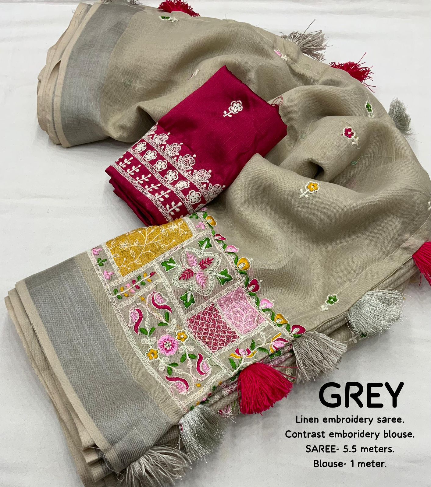 soft linen saree with silver woven pattu border - Swaraas