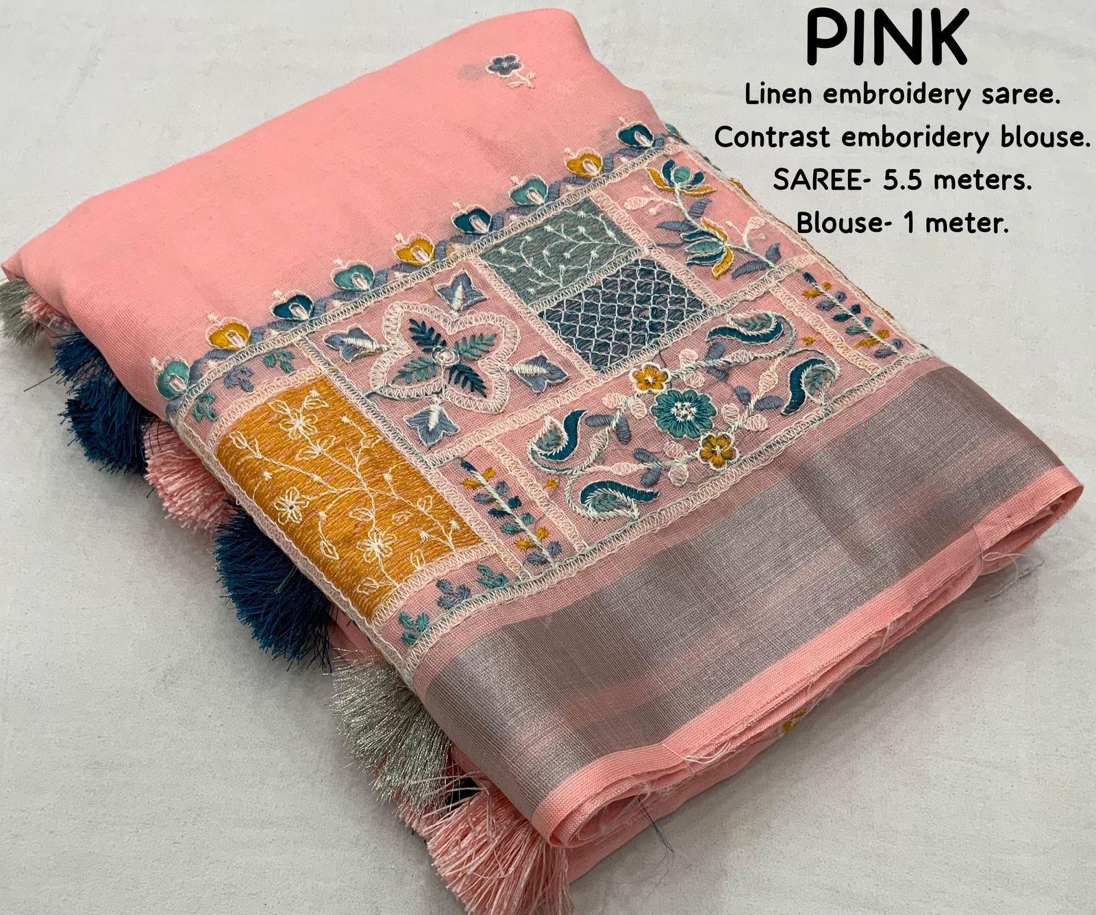 soft linen saree with silver woven pattu border - Swaraas