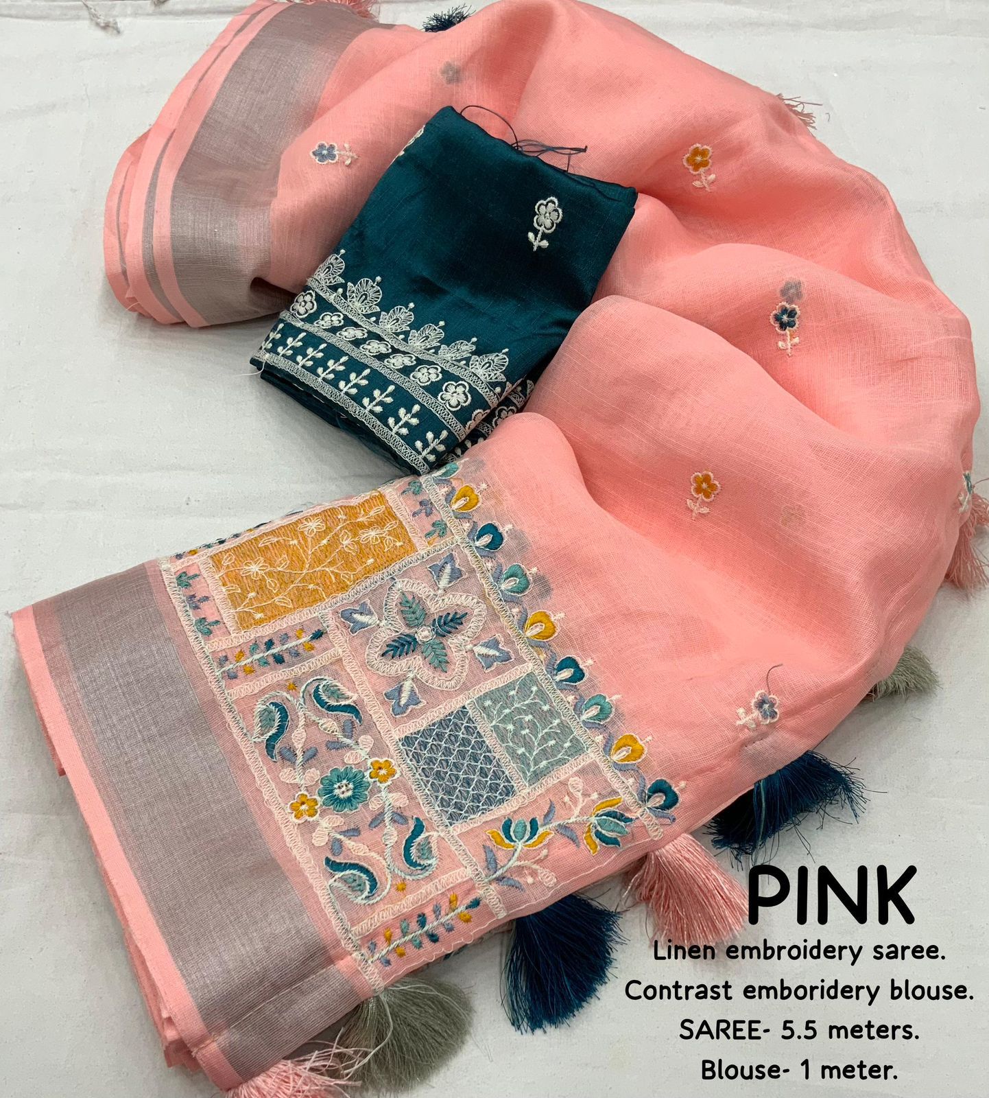 soft linen saree with silver woven pattu border - Swaraas