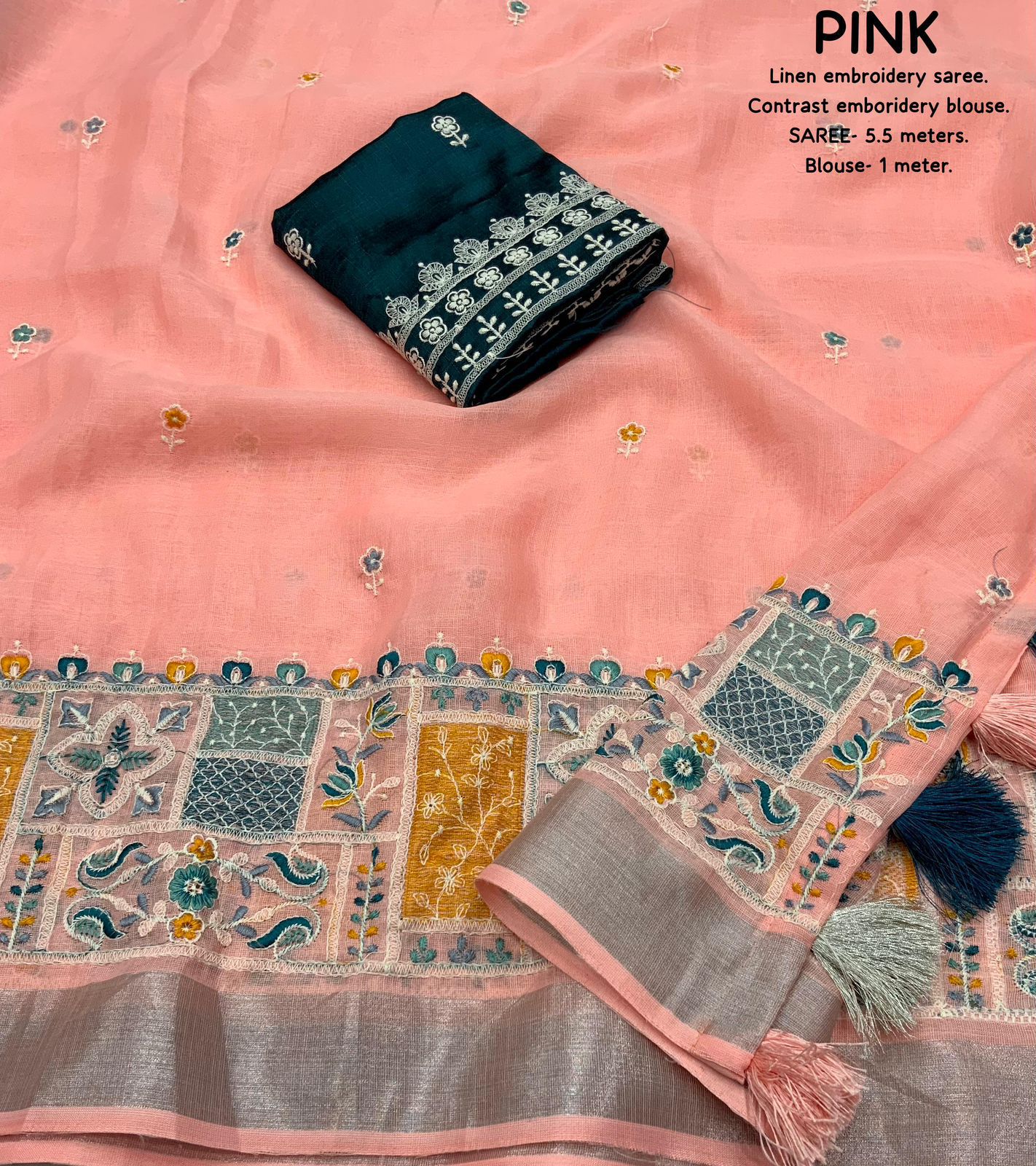 soft linen saree with silver woven pattu border - Swaraas