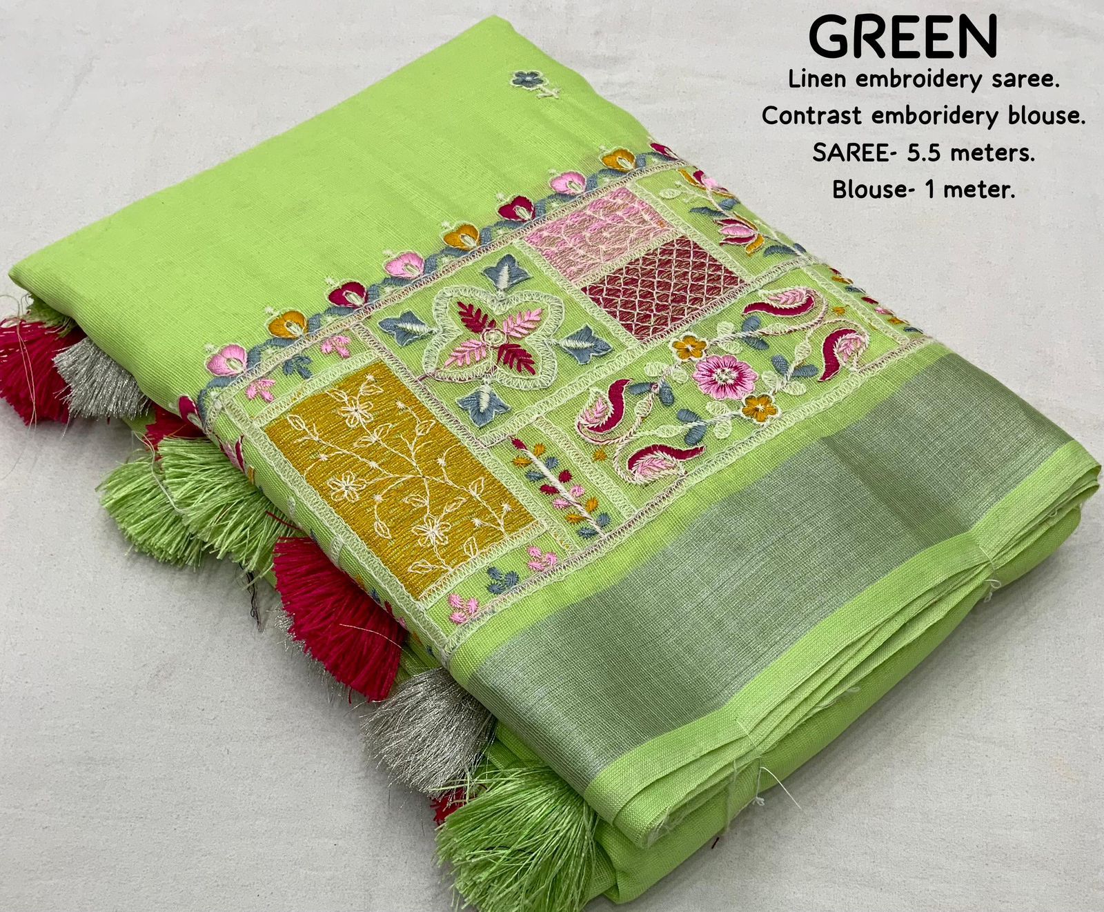 soft linen saree with silver woven pattu border - Swaraas