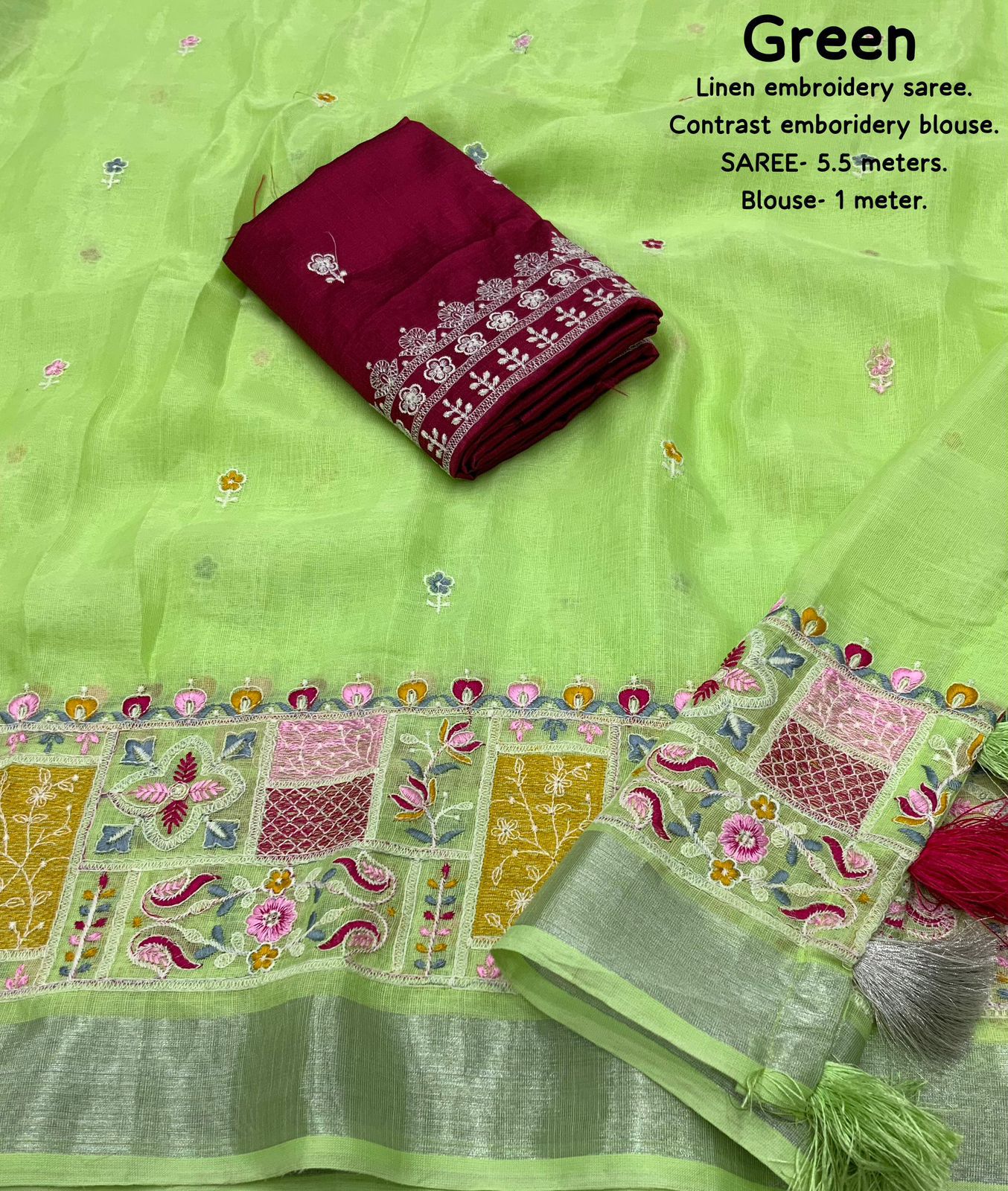 soft linen saree with silver woven pattu border - Swaraas
