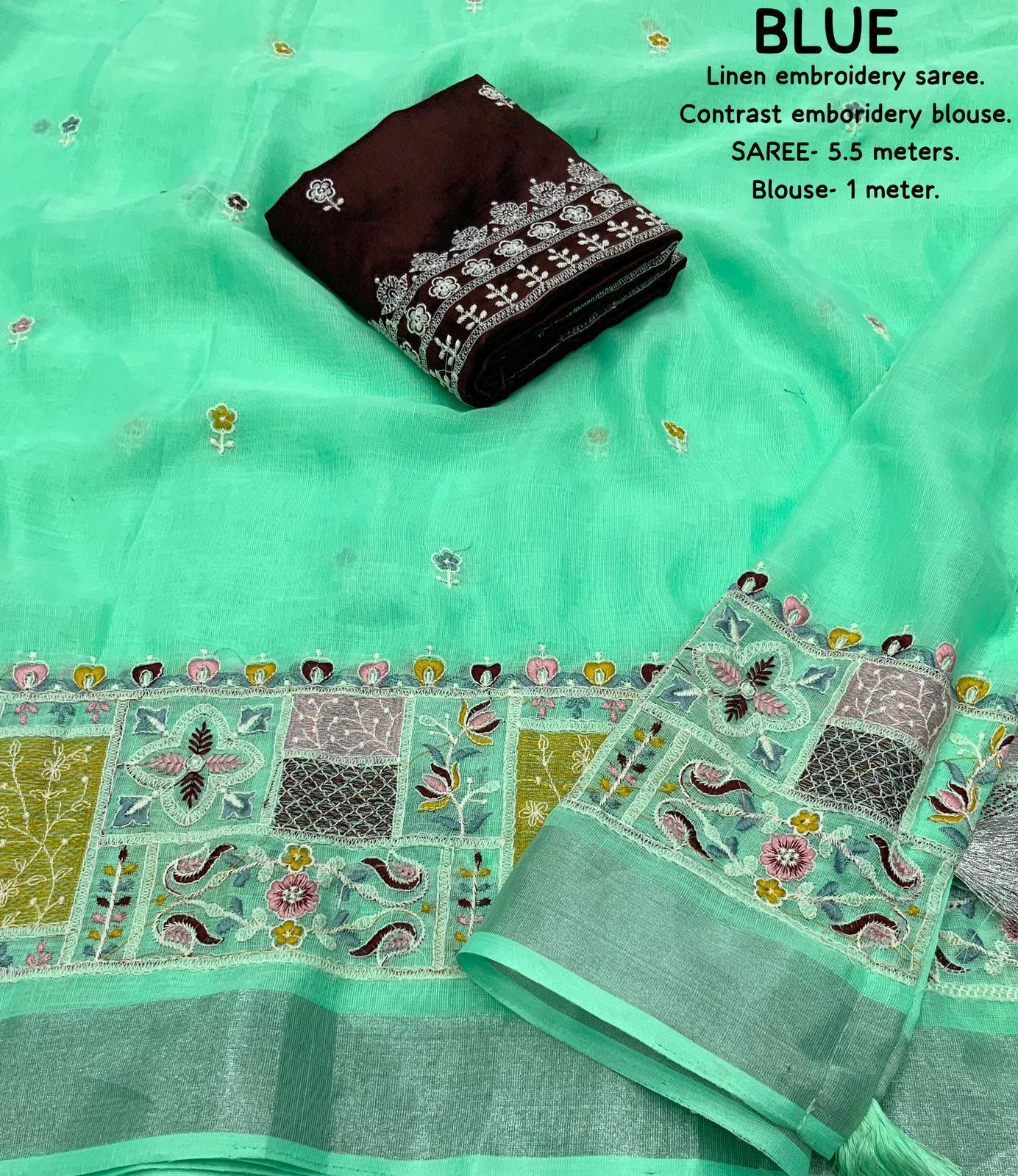 soft linen saree with silver woven pattu border - Swaraas