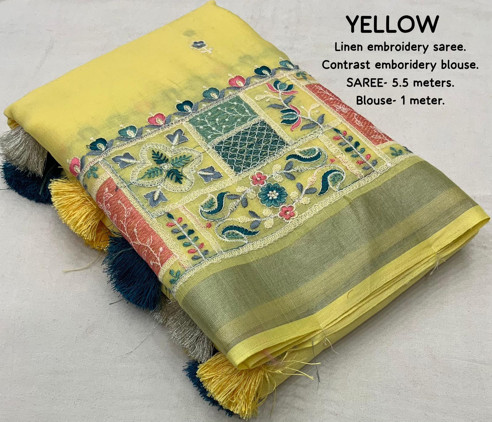 soft linen saree with silver woven pattu border - Swaraas
