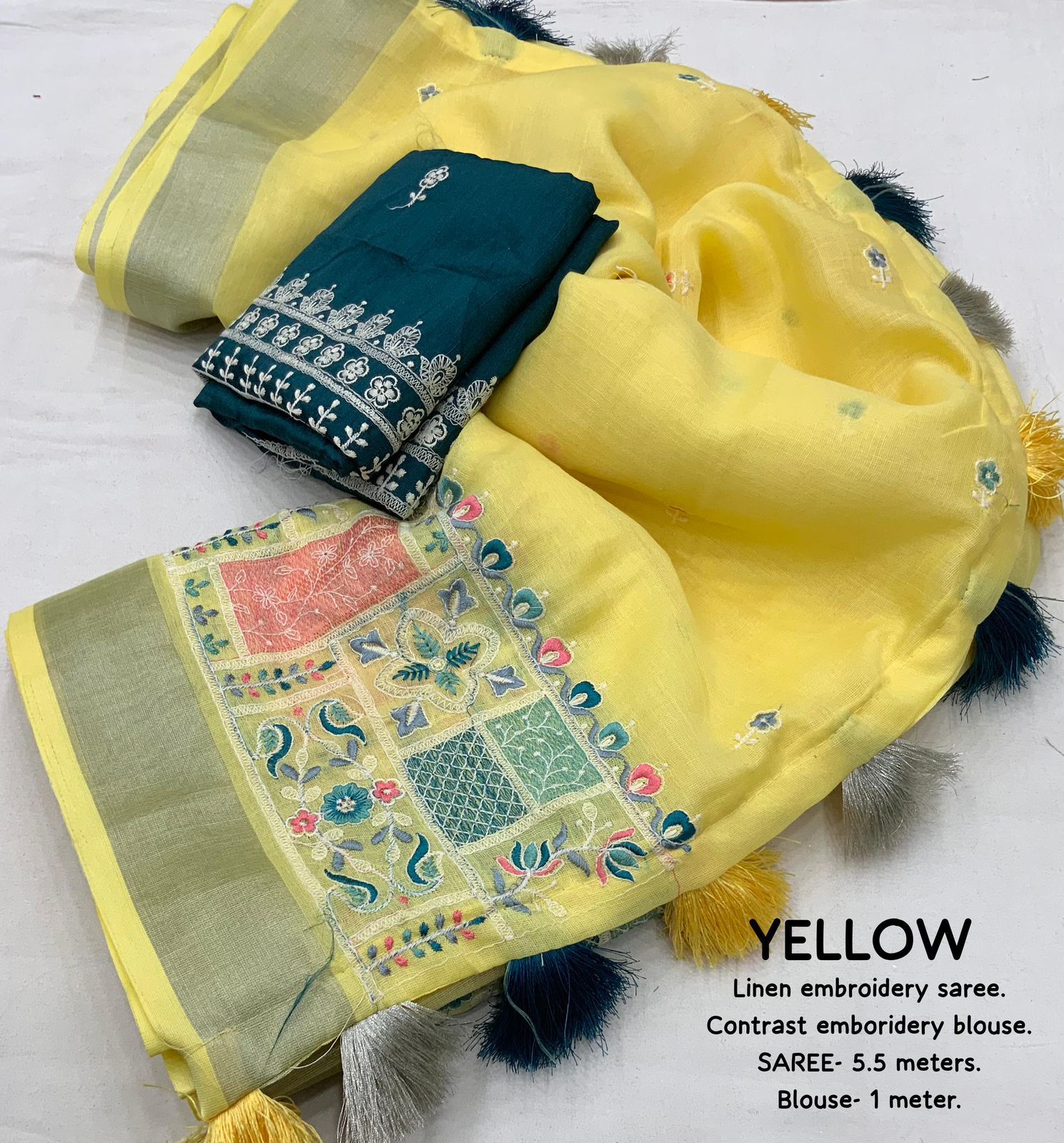 soft linen saree with silver woven pattu border - Swaraas