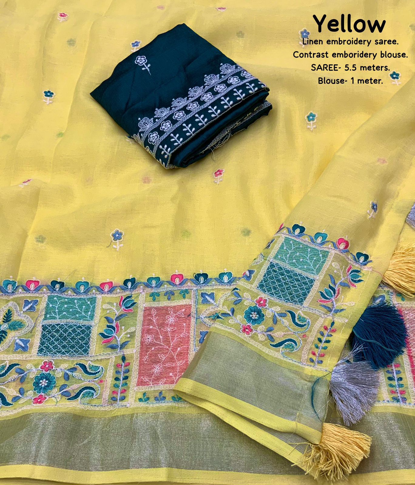 soft linen saree with silver woven pattu border - Swaraas