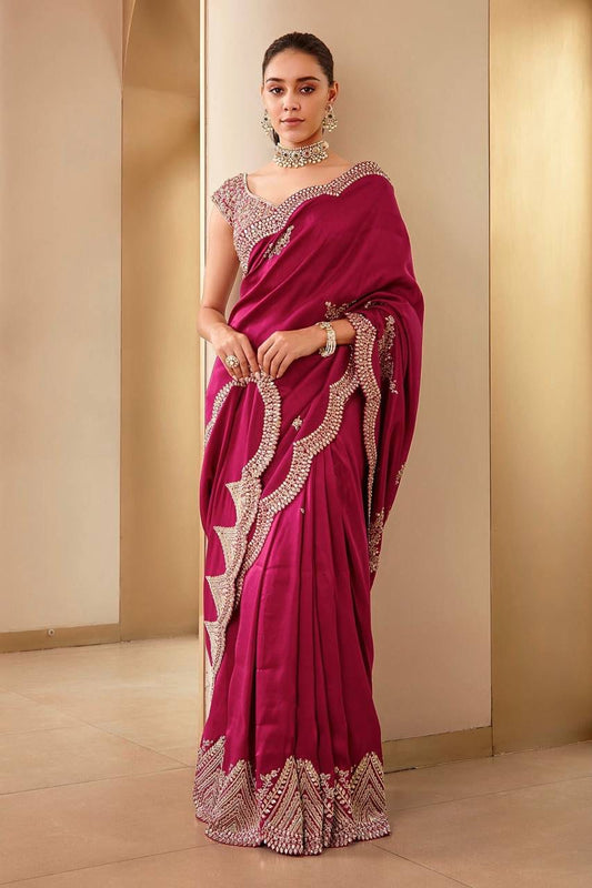 Red Cherry Soft Vichitra Silk Saree with Sequin & Thread Work – Swaraas.in