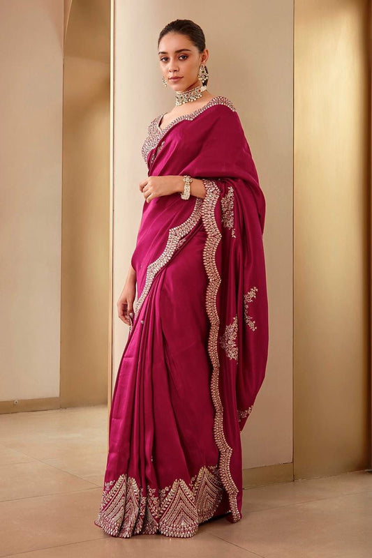 Red Cherry Soft Vichitra Silk Saree with Sequin & Thread Work – Swaraas.in