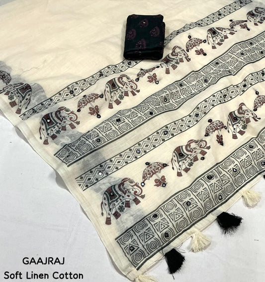 Soft Linen Cotton Saree with Aari Mirror Work | Tassel Pallu | Running Blouse