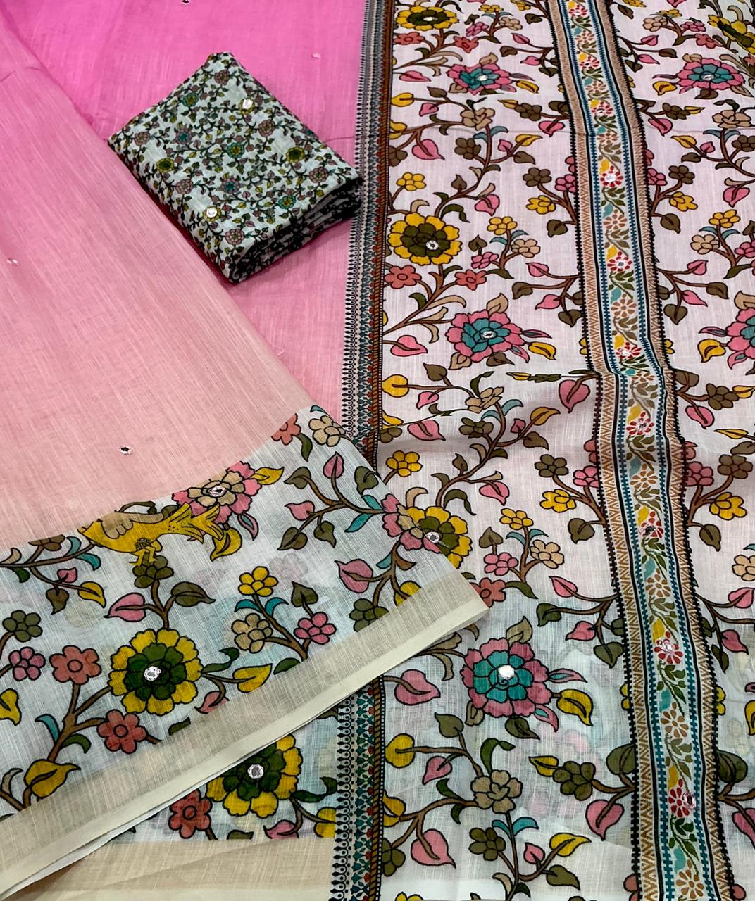 Soft Linen Cotton Kalamkari Saree with Aari Mirror Work | Tassel Pallu | Running Blouse