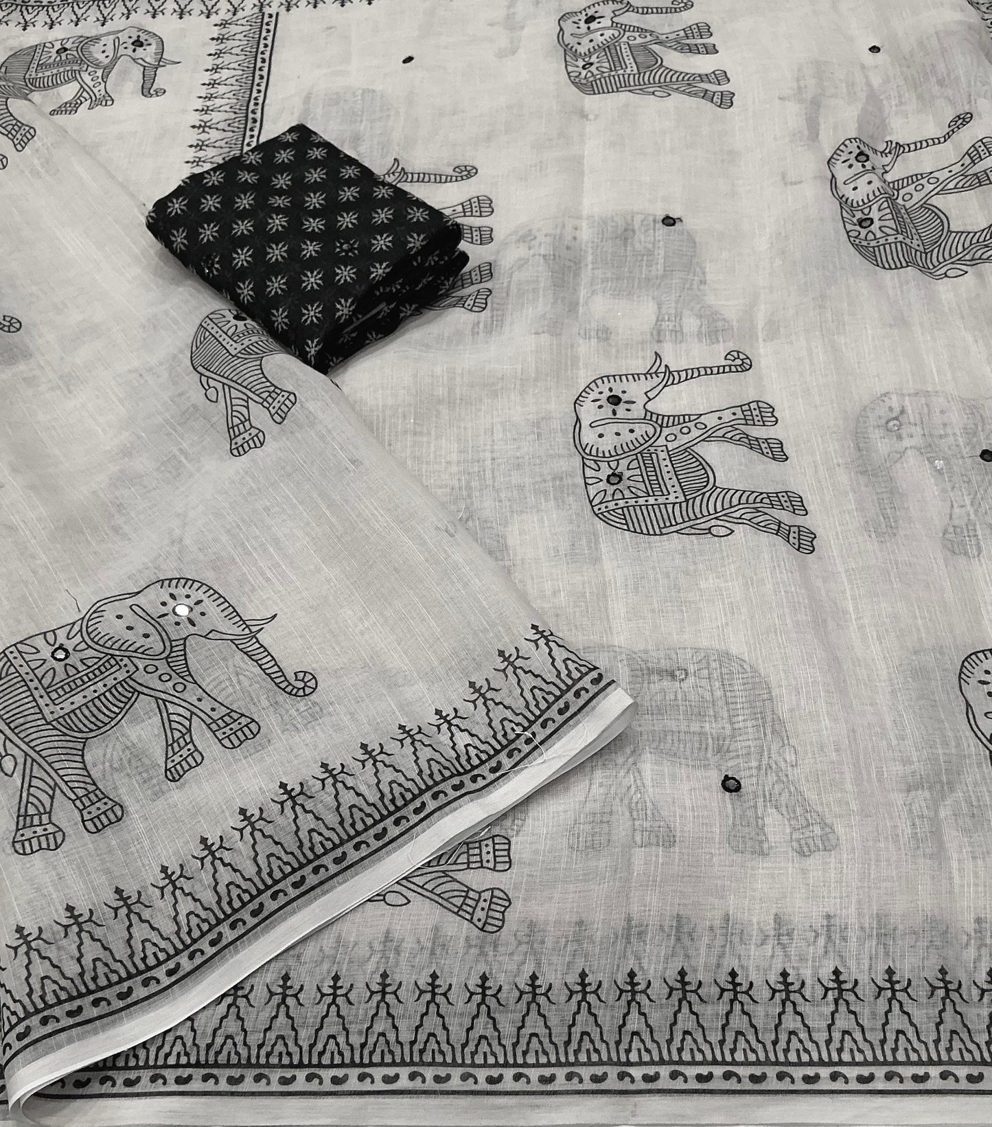 Soft Linen Cotton Elephant Print Saree with Aari Mirror Work | Tassel Pallu | Running Blouse
