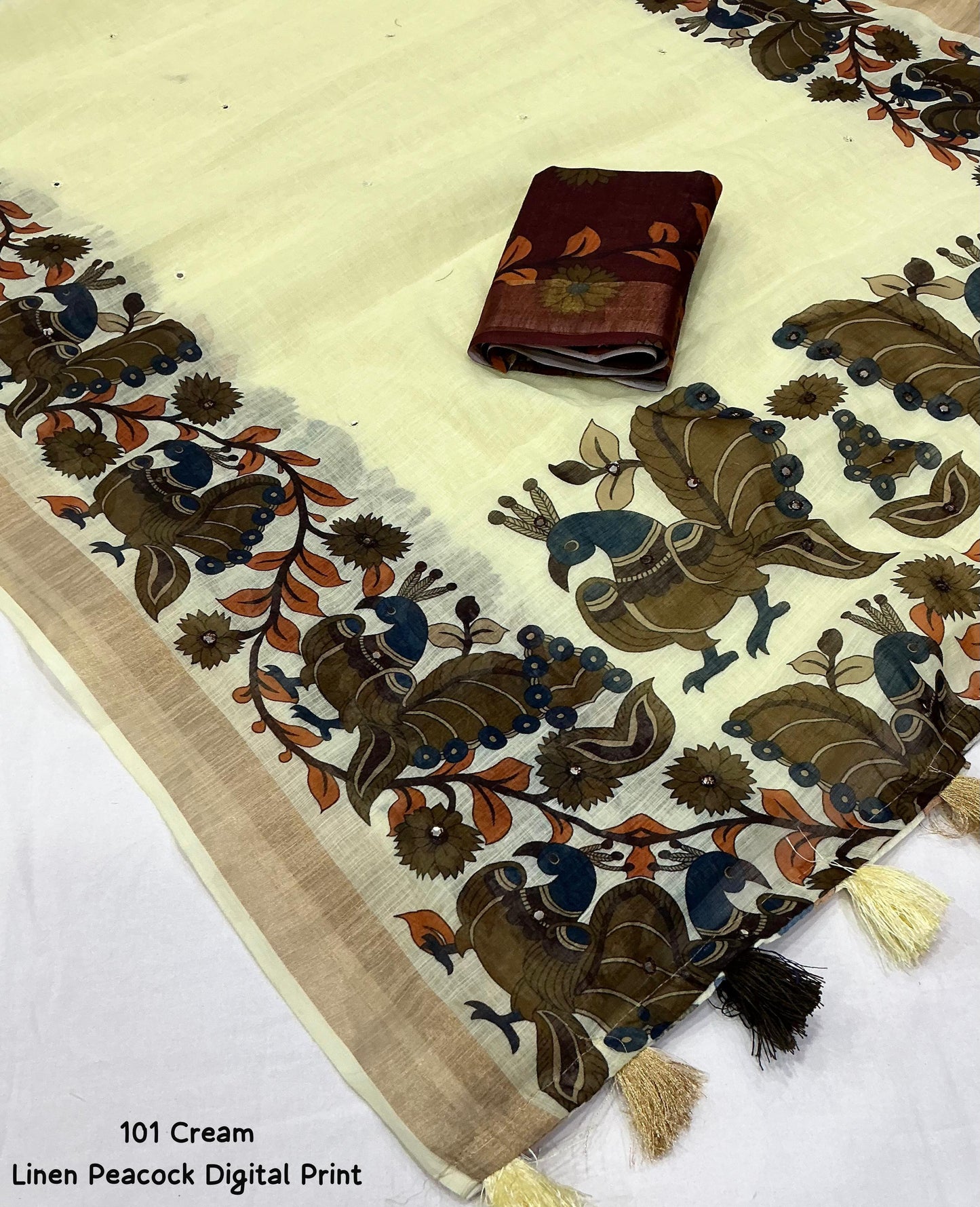 Soft Linen Cotton Peacock Print Saree with Aari Mirror Work | Tassel Pallu | Running Blouse