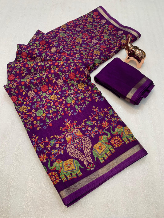 Pure Soft Tussar Silk Kashmiri Printed Saree with Rich Pallu & Golden Border | Elegant Traditional Wear