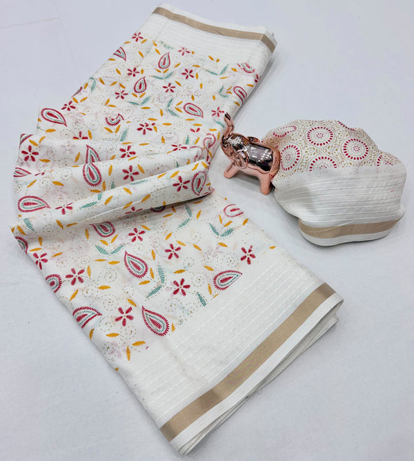 Tussar Silk Saree with Multicolour Paisley and Floral Motifs, Elegant Border and Running Blouse for Festive Wear