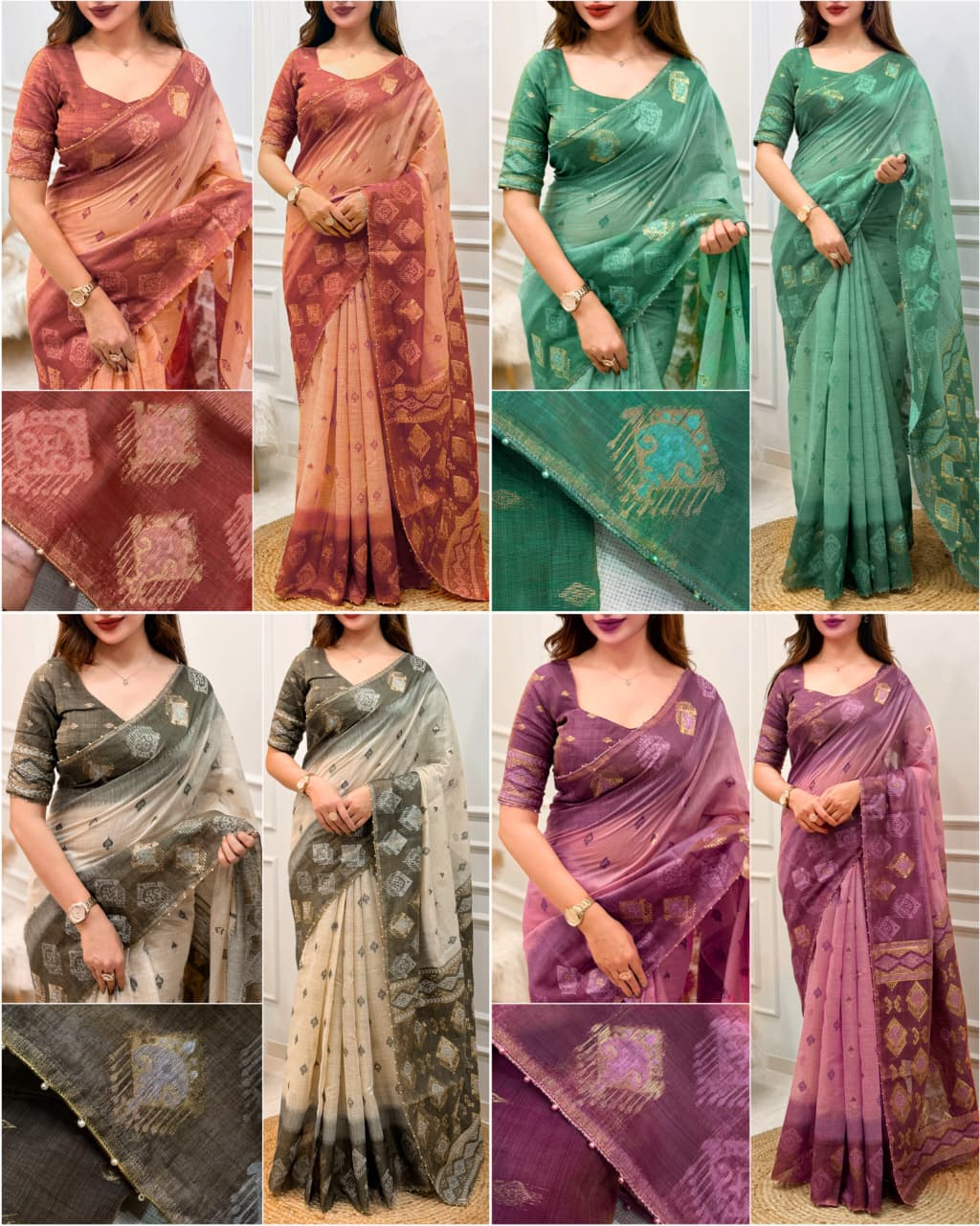 Cotton Linen Saree with Traditional Motifs, Contrast Border and Pallu, 6.3 Metres with Running Blouse for Festive Wear