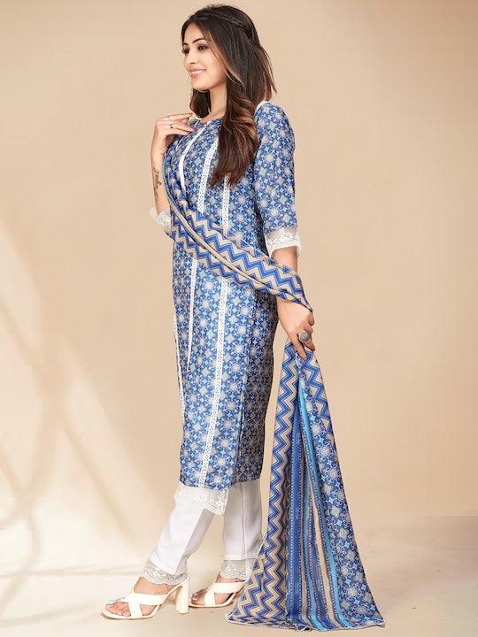 Blue printed Kurta with Trousers with dupatta - Swaraas