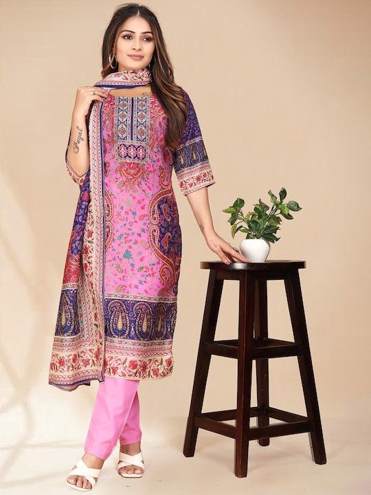 Pink, purple & white printed Kurta with Trousers & dupatta - Swaraas