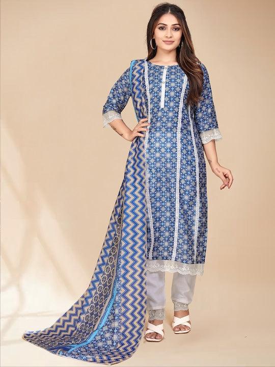 Blue printed Kurta with Trousers with dupatta - Swaraas