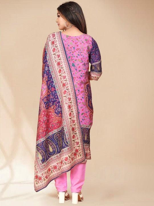 Pink, purple & white printed Kurta with Trousers & dupatta - Swaraas