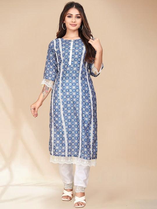 Blue printed Kurta with Trousers with dupatta - Swaraas