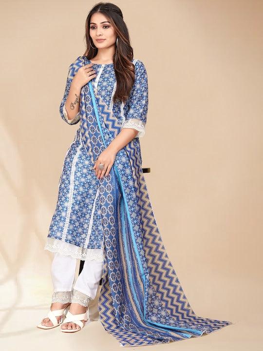 Blue printed Kurta with Trousers with dupatta - Swaraas