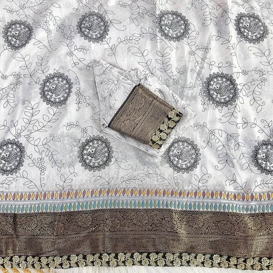 Designer Dola Silk Saree with Kalamkari Print, Jacquard Border & Lace – 6.3 Meters with Blouse