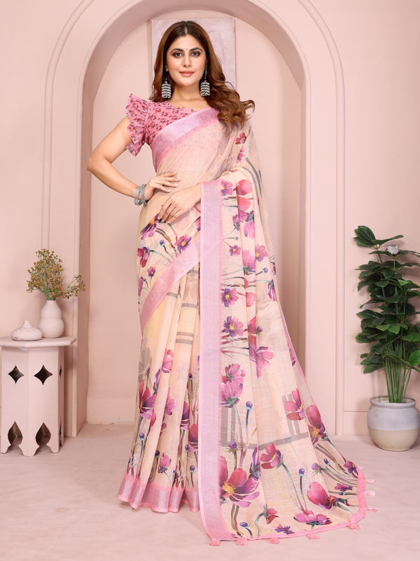 Cream and Blush Pink Floral Print Linen Saree with Pink Border, Tassel Pallu and Running Blouse for Daily Wear