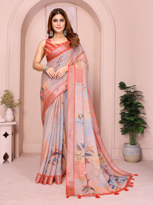 Pastel Peach and Grey Linen Saree with Floral Print, Coral Border and Tasselled Pallu, 6.3 m with Running Blouse