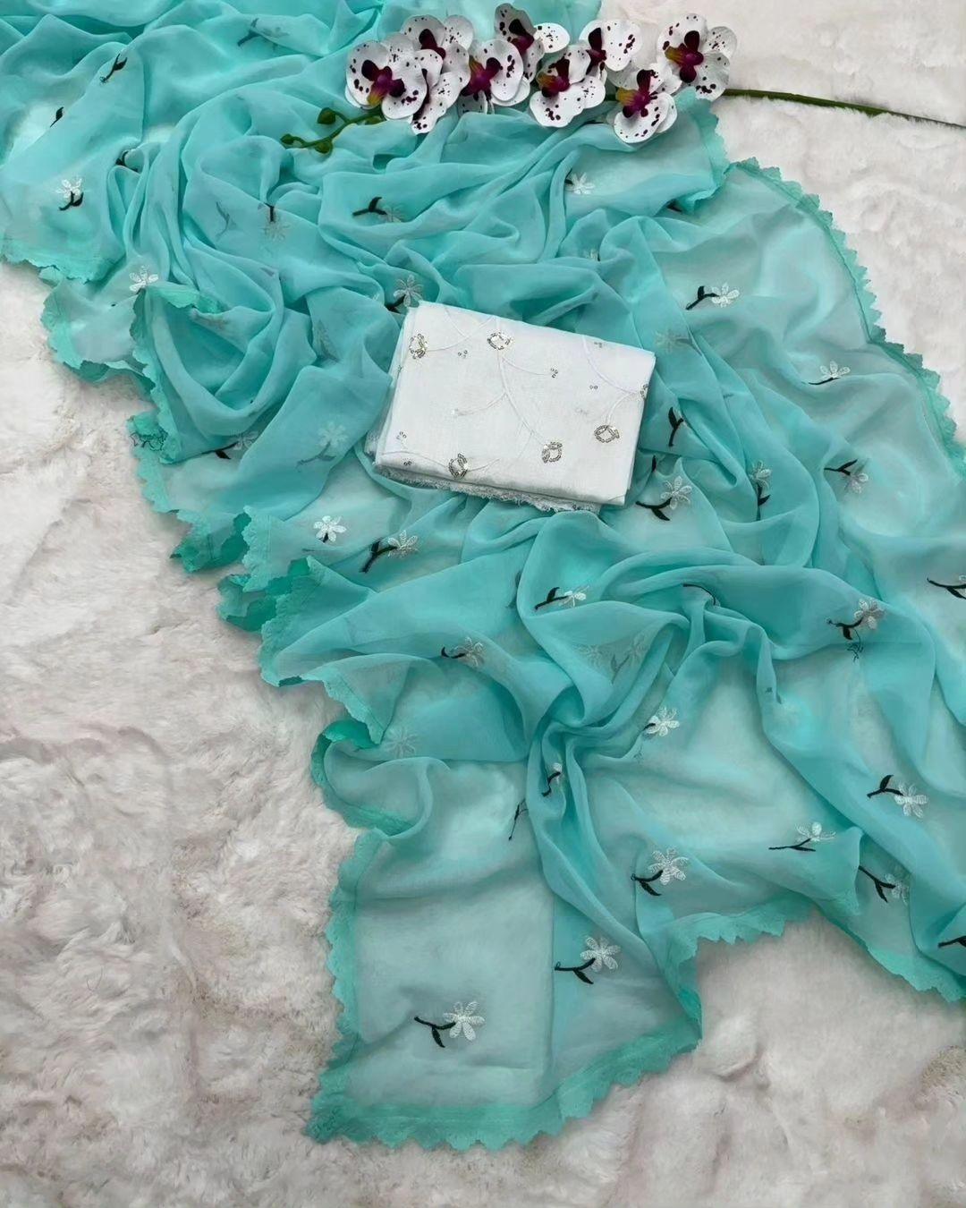 MAGIC GEORGETTE DESIGNER SAREE WITH THREAD WORK ALL OVER SAREE WITH AMAZING CUTWORK - Swaraas