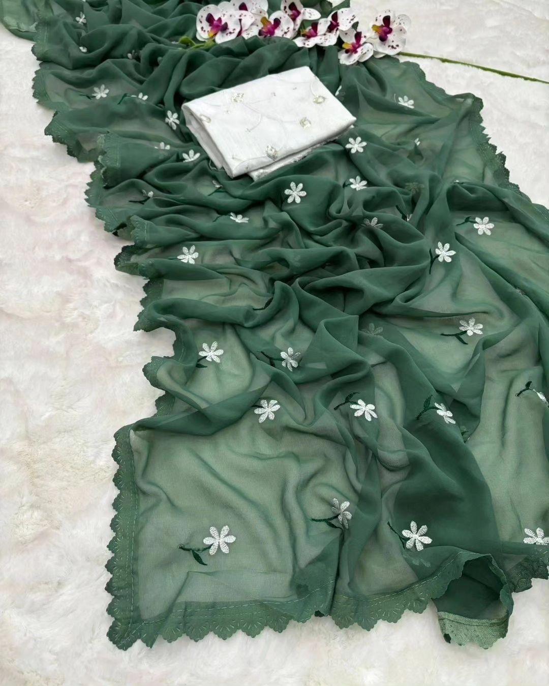 MAGIC GEORGETTE DESIGNER SAREE WITH THREAD WORK ALL OVER SAREE WITH AMAZING CUTWORK - Swaraas