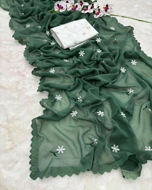 MAGIC GEORGETTE DESIGNER SAREE WITH THREAD WORK ALL OVER SAREE WITH AMAZING CUTWORK - Swaraas