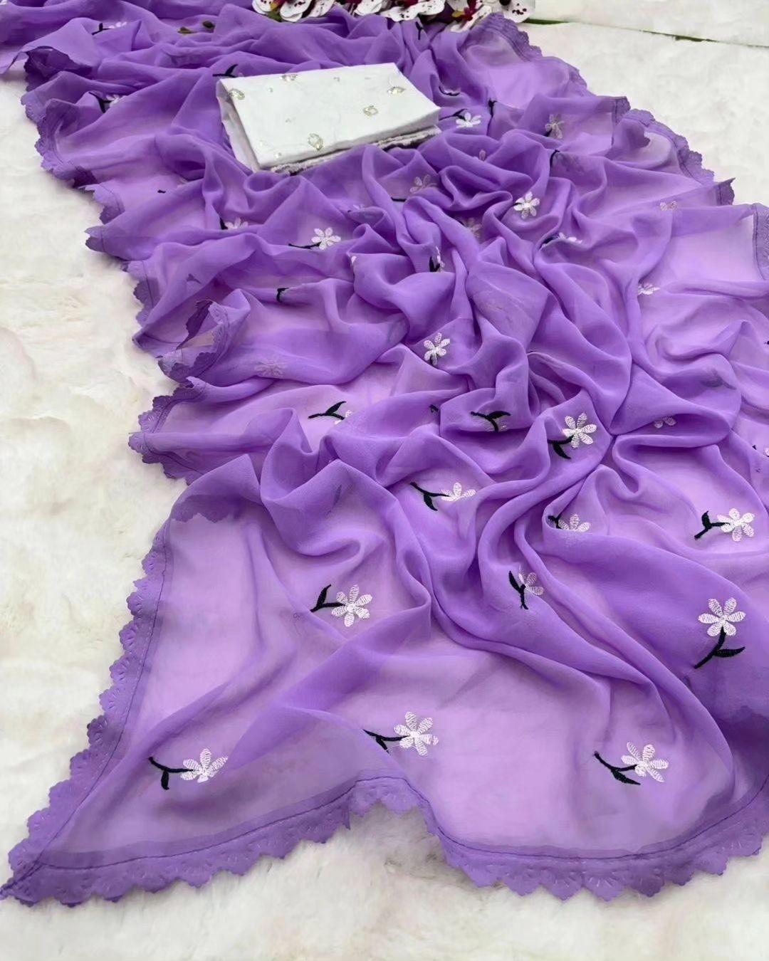 MAGIC GEORGETTE DESIGNER SAREE WITH THREAD WORK ALL OVER SAREE WITH AMAZING CUTWORK - Swaraas