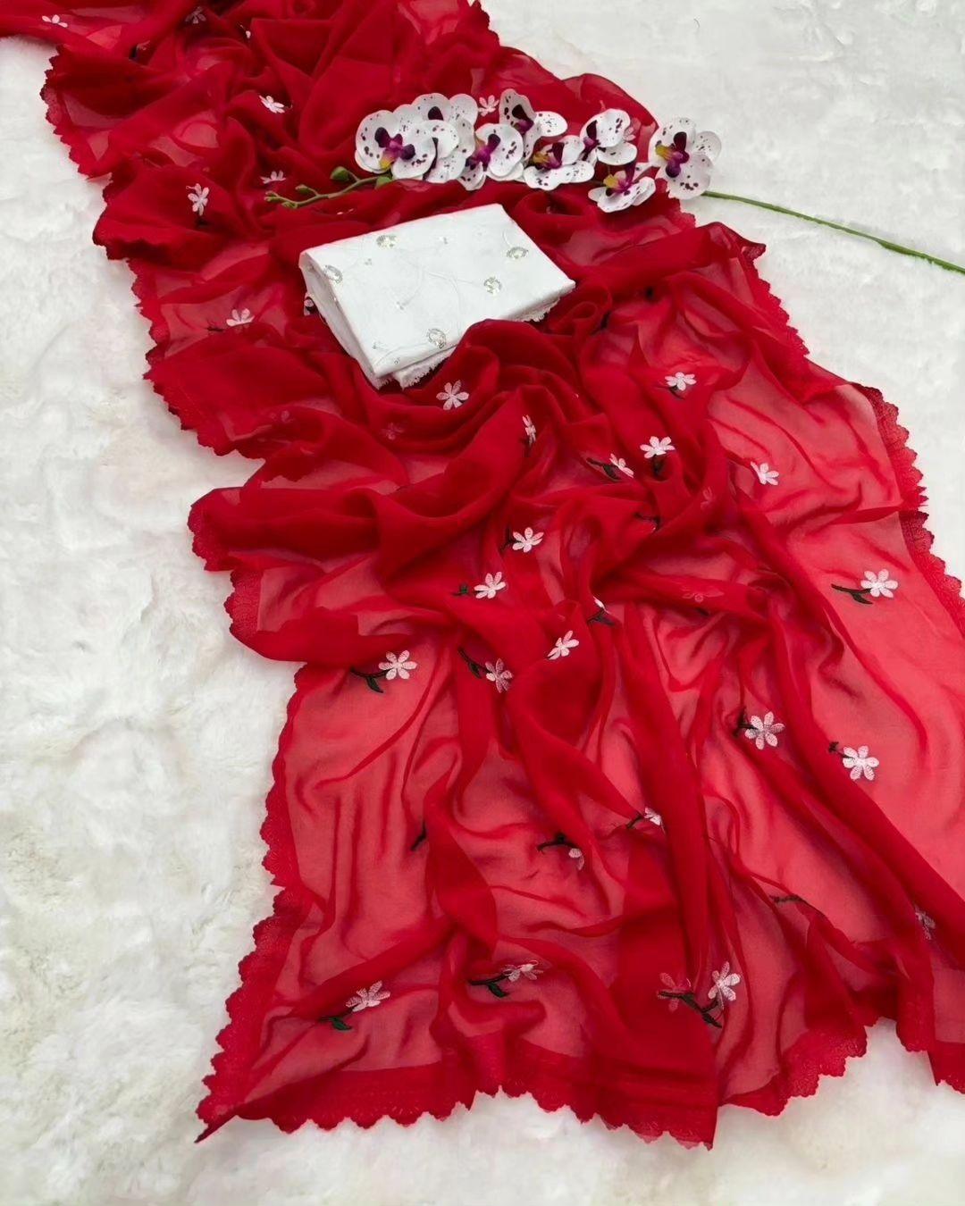 MAGIC GEORGETTE DESIGNER SAREE WITH THREAD WORK ALL OVER SAREE WITH AMAZING CUTWORK - Swaraas