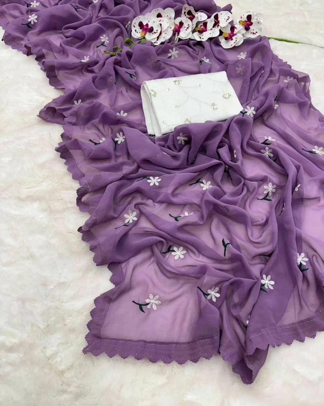 MAGIC GEORGETTE DESIGNER SAREE WITH THREAD WORK ALL OVER SAREE WITH AMAZING CUTWORK - Swaraas