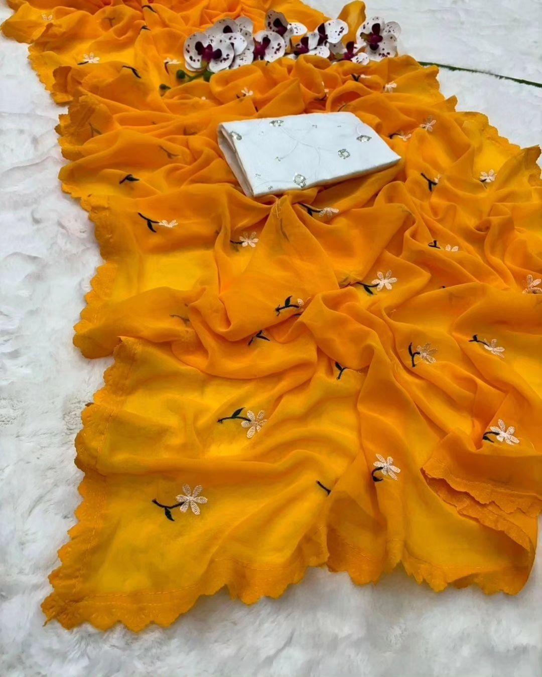 MAGIC GEORGETTE DESIGNER SAREE WITH THREAD WORK ALL OVER SAREE WITH AMAZING CUTWORK - Swaraas