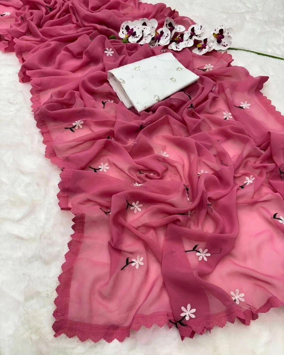 MAGIC GEORGETTE DESIGNER SAREE WITH THREAD WORK ALL OVER SAREE WITH AMAZING CUTWORK - Swaraas