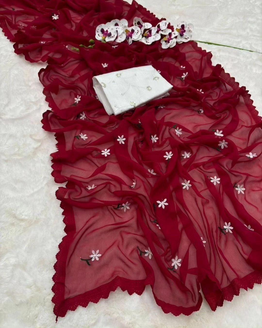 MAGIC GEORGETTE DESIGNER SAREE WITH THREAD WORK ALL OVER SAREE WITH AMAZING CUTWORK - Swaraas