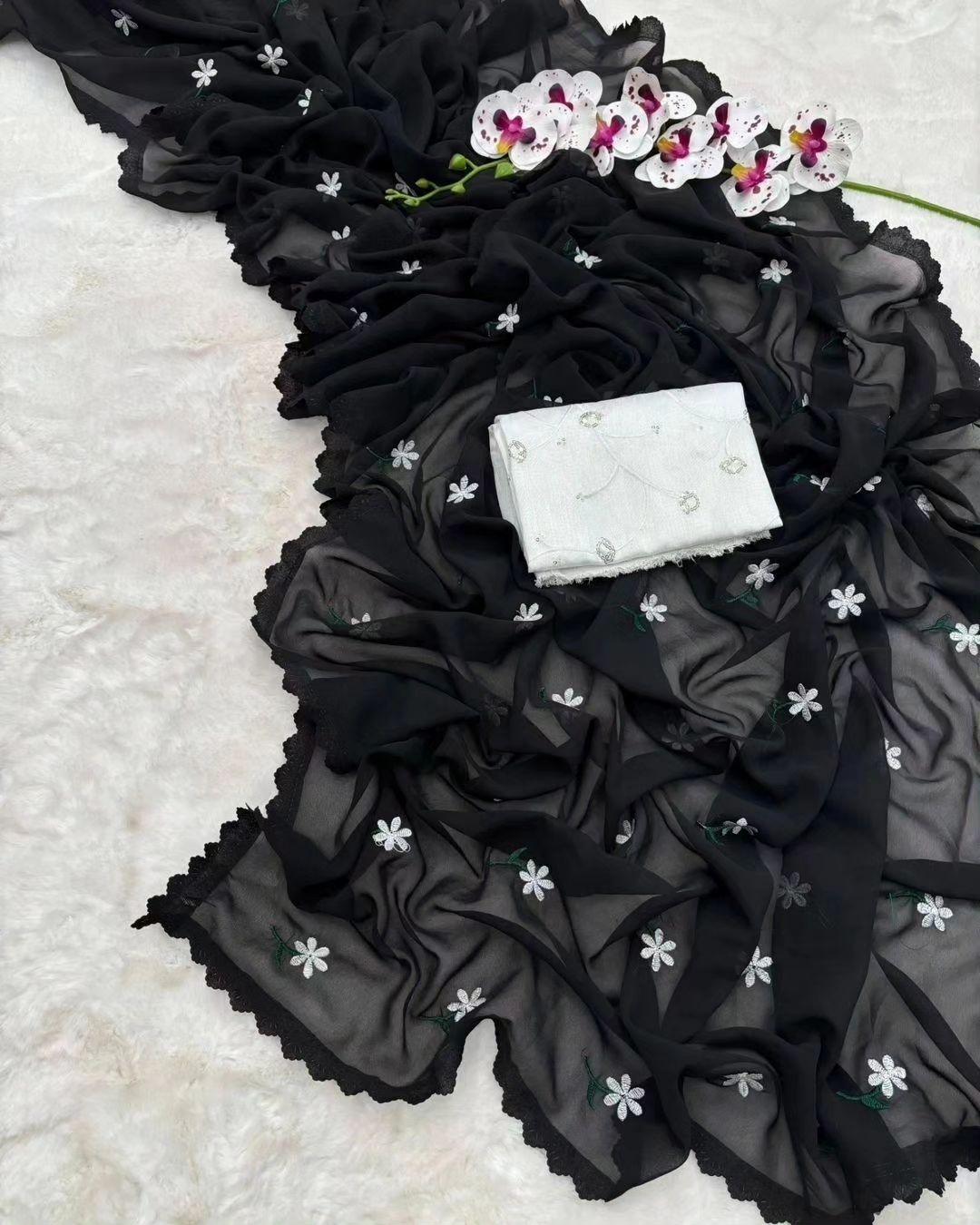 MAGIC GEORGETTE DESIGNER SAREE WITH THREAD WORK ALL OVER SAREE WITH AMAZING CUTWORK - Swaraas