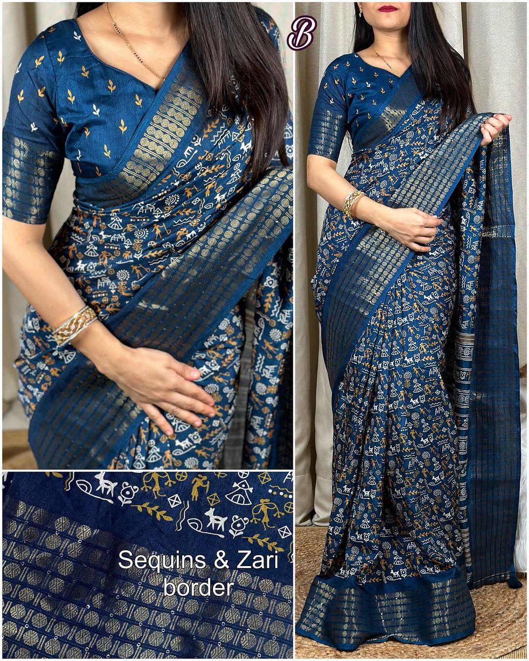 Kalamkari print saree with sequin & zari boder with printed blouse - Swaraas